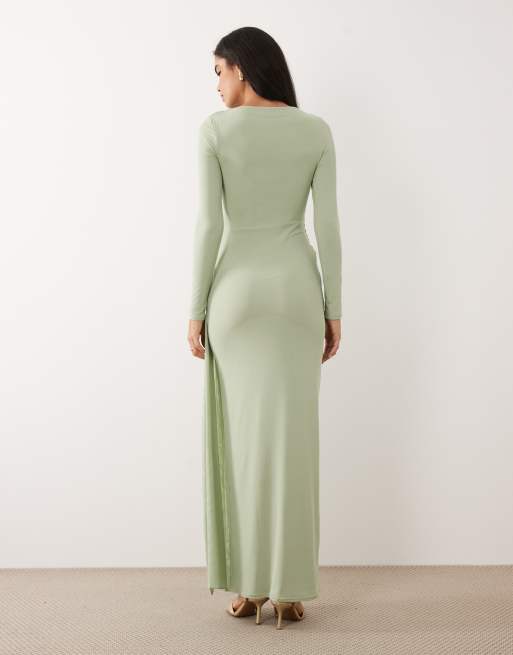 ASOS DESIGN mesh long sleeve maxi dress in sage, 2 of 4