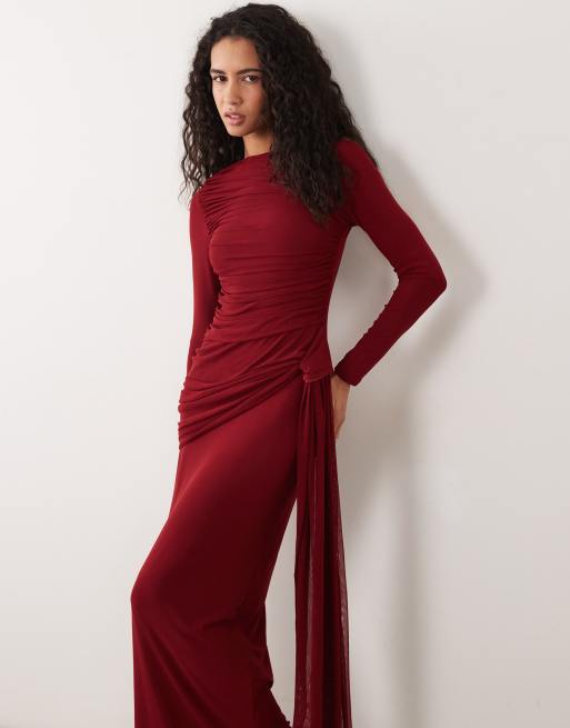 ASOS DESIGN mesh long sleeve maxi dress in wine, 3 of 4