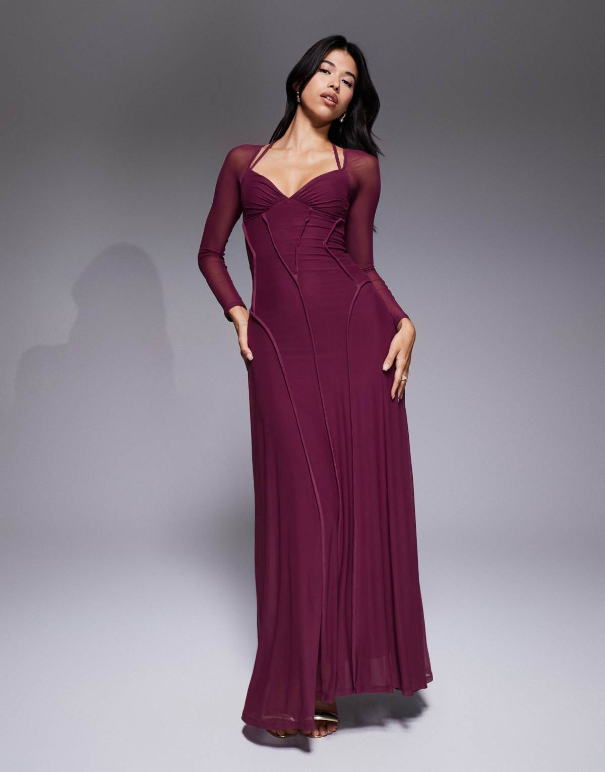 ASOS DESIGN mesh long sleeve maxi dress with exposed seams and full skirt in deep plum