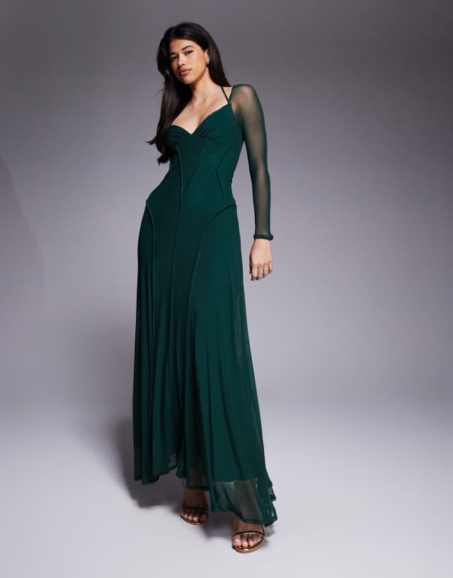 long forest green dress ASOS DESIGN mesh sleeve maxi with exposed seams and full skirt in cherry pink