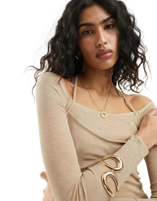 ASOS DESIGN mesh long sleeve maxi dress with seam detail and overlay in  sand | ASOS