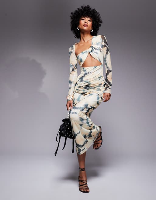 marble dresses long sleeve ASOS DESIGN mesh long sleeve maxi dress with twist bust detail and draped  skirt in tonal marble print
