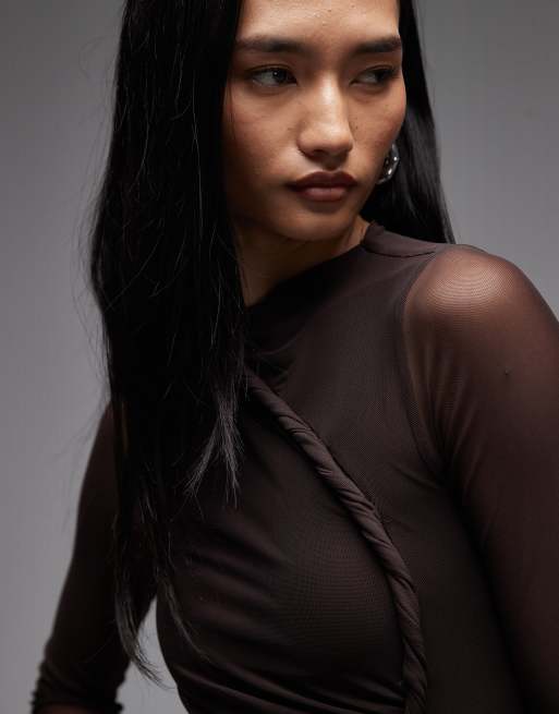ASOS DESIGN mesh long sleeve maxi dress with twist detail in brown, 3 of 4