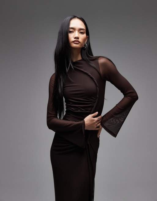 ASOS DESIGN mesh long sleeve maxi dress with twist detail in brown, 4 of 4