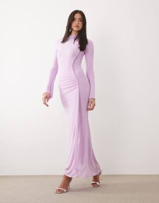 Asos Design Mesh Long Sleeve Maxi Dress With Twist Detail In Pink