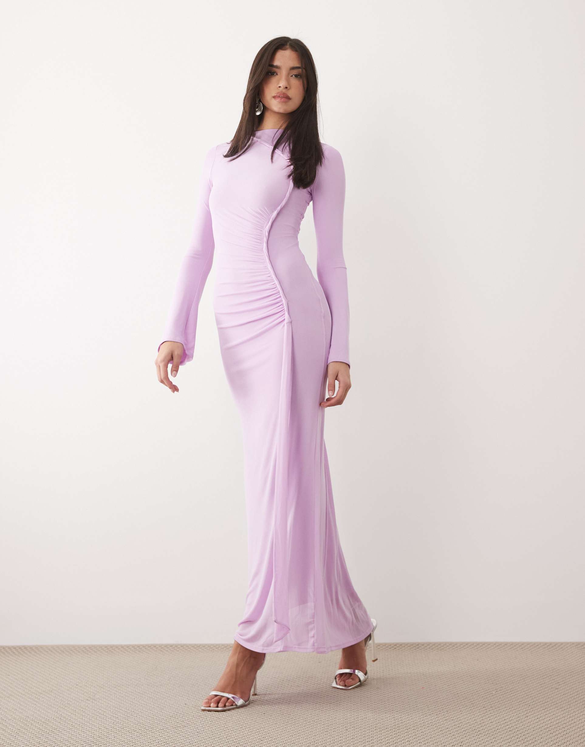 asos design mesh long sleeve maxi dress with twist detail in lilac
