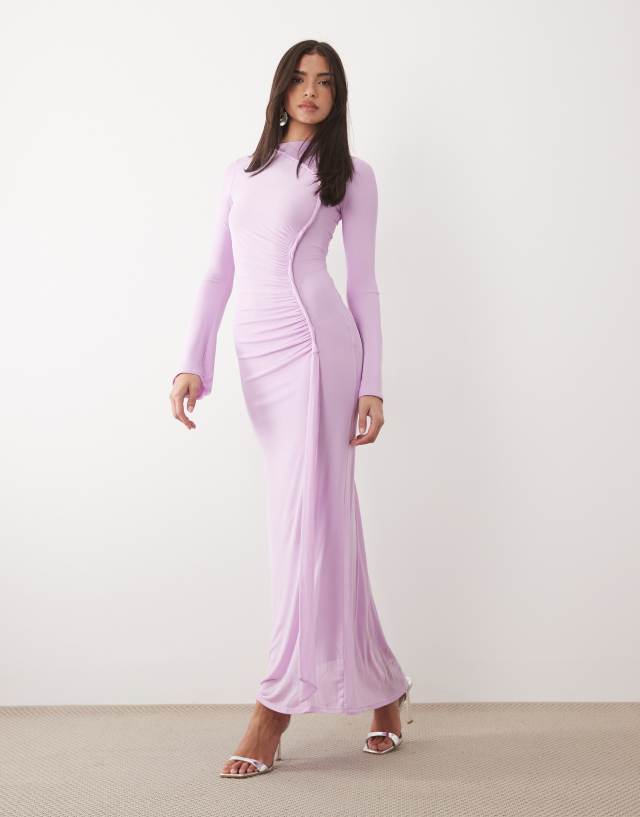 ASOS DESIGN mesh long sleeve maxi dress with twist detail in lilac
