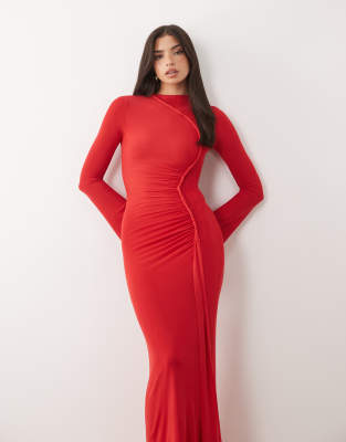 Asos Design Mesh Long Sleeve Maxi Dress With Twist Detail In Red
