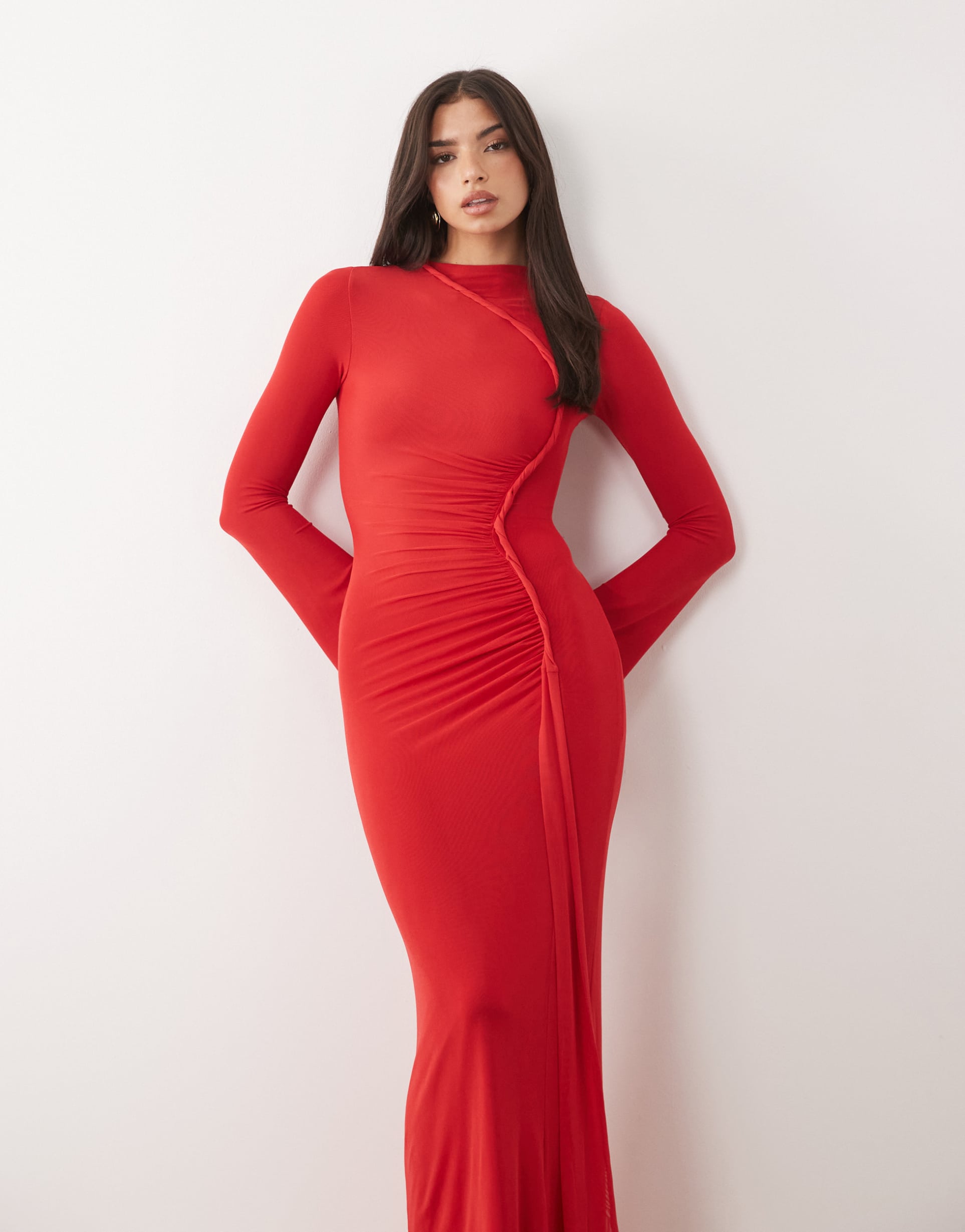 asos design mesh long sleeve maxi dress with twist detail in red