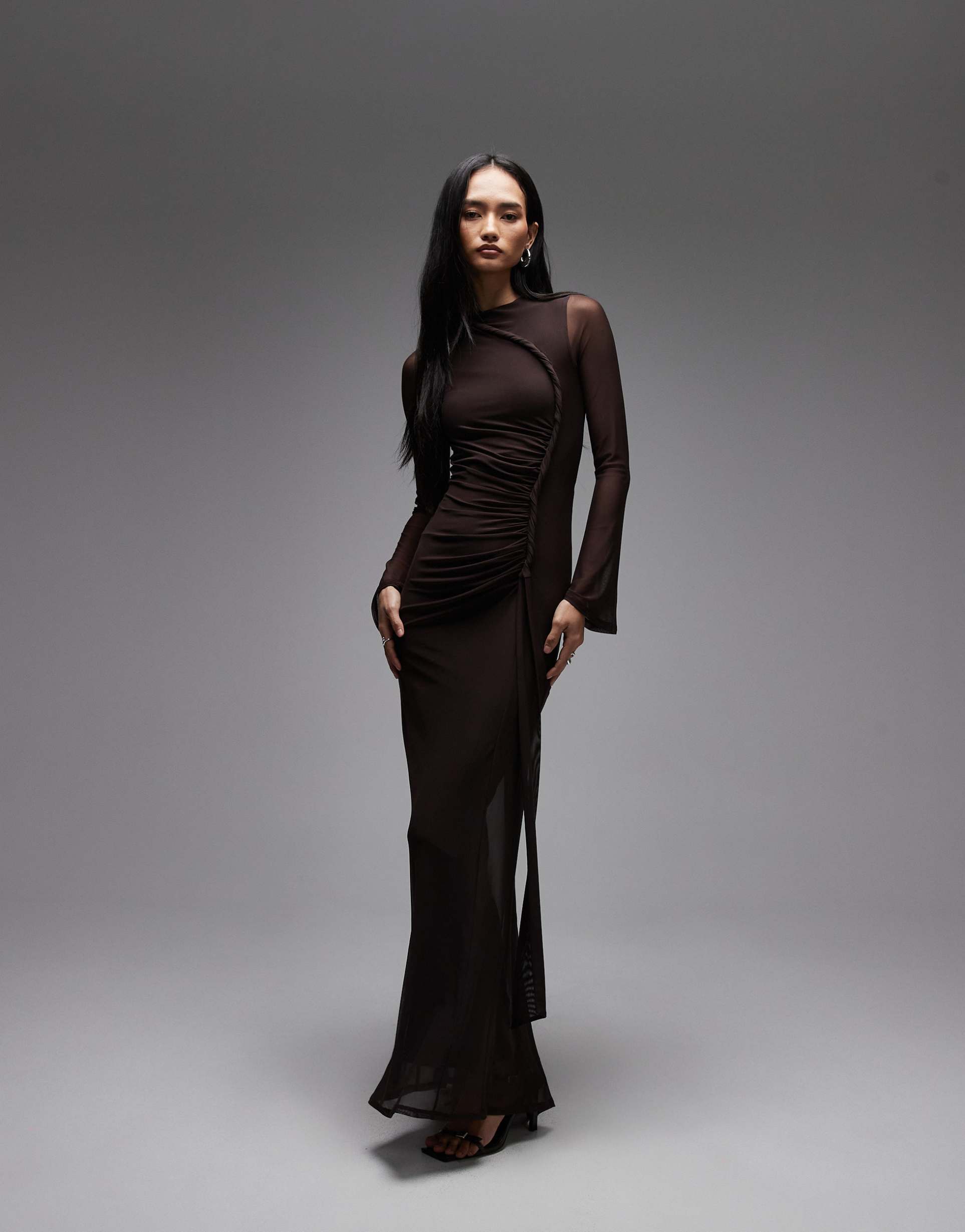 asos design mesh long sleeve maxi dress with twisted detailing in brown