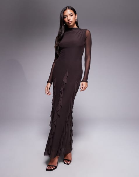 ASOS DESIGN mesh long sleeve maxi dress with waterfall ruffle skirt detail in chocolate - view 1