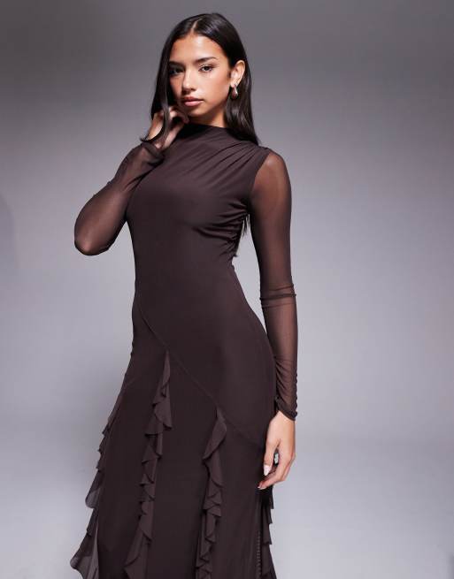 ASOS DESIGN mesh long sleeve maxi dress with waterfall ruffle skirt detail in chocolate