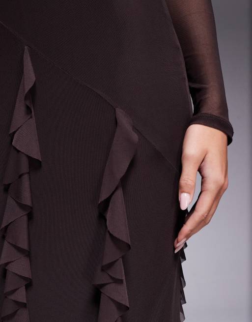 ASOS DESIGN mesh long sleeve maxi dress with waterfall ruffle skirt detail in chocolate, 3 of 4