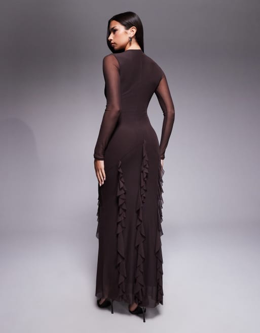 ASOS DESIGN mesh long sleeve maxi dress with waterfall ruffle skirt detail in chocolate