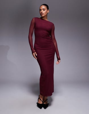 ASOS DESIGN mesh long sleeve midi dress in burgundy-Red