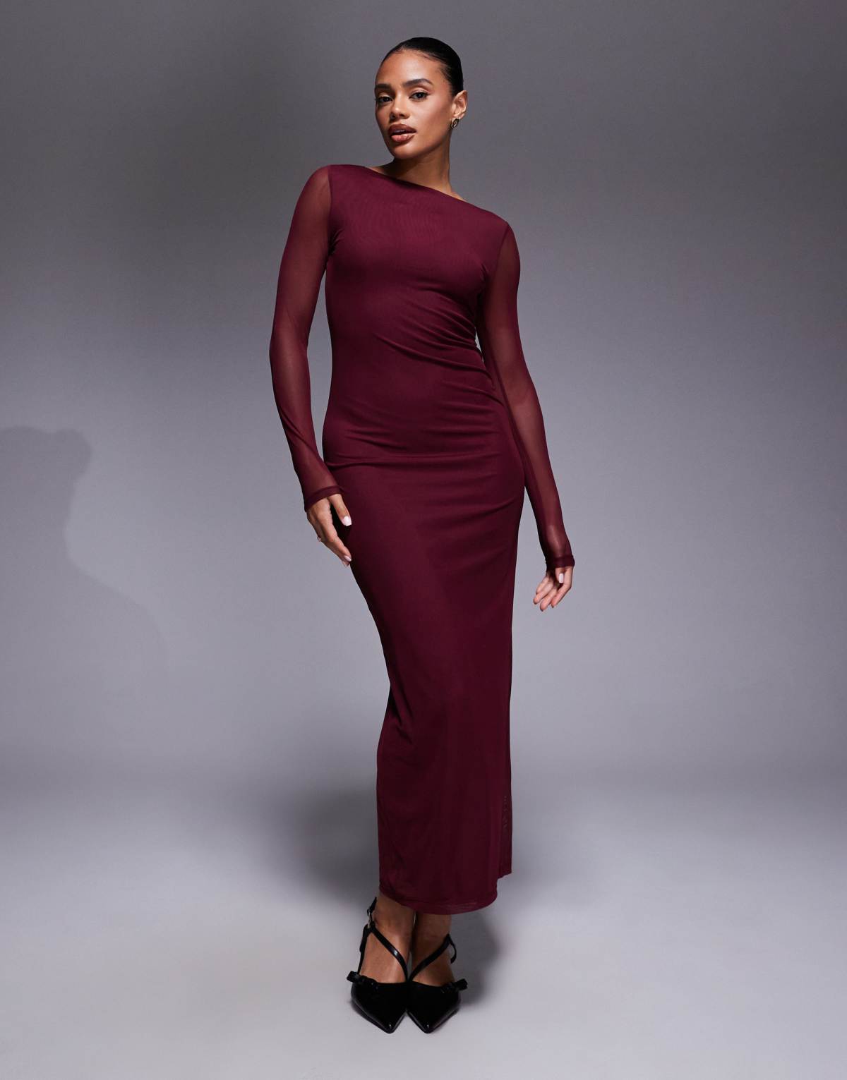 ASOS DESIGN mesh long sleeve midi dress in burgundy