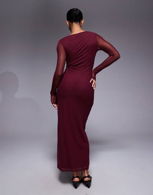 ASOS DESIGN mesh long sleeve midi dress in burgundy