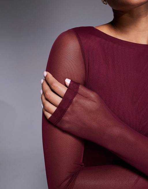ASOS DESIGN mesh long sleeve midi dress in burgundy | ASOS