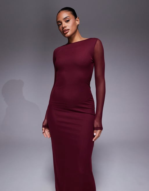 ASOS DESIGN mesh long sleeve midi dress in burgundy