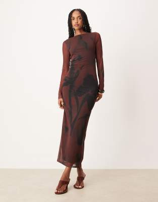 ASOS DESIGN mesh long sleeve midi dress in chocolate flower print-Brown