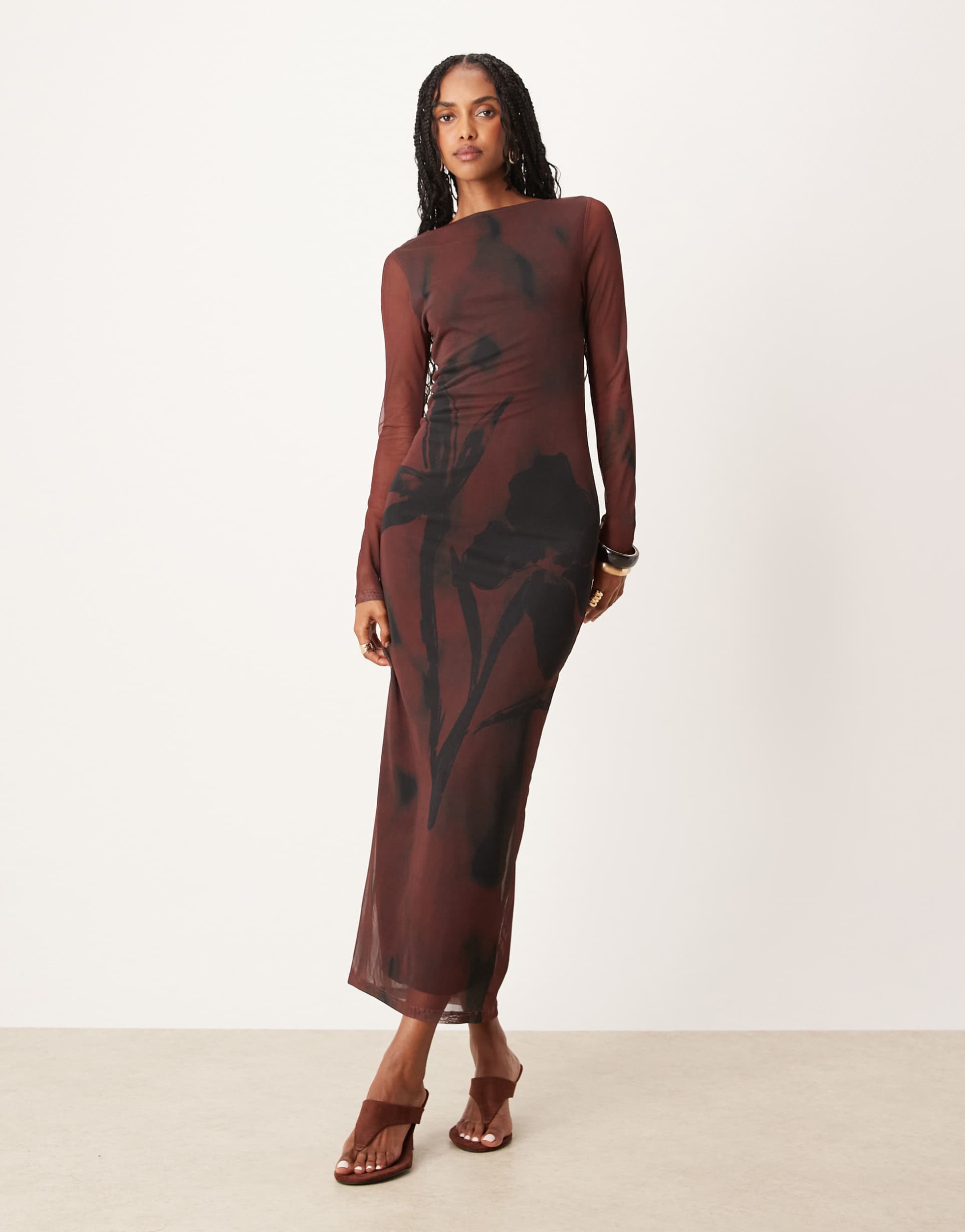 asos design mesh long sleeve midi dress in chocolate flower print