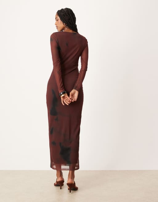 ASOS DESIGN mesh long sleeve midi dress in chocolate flower print