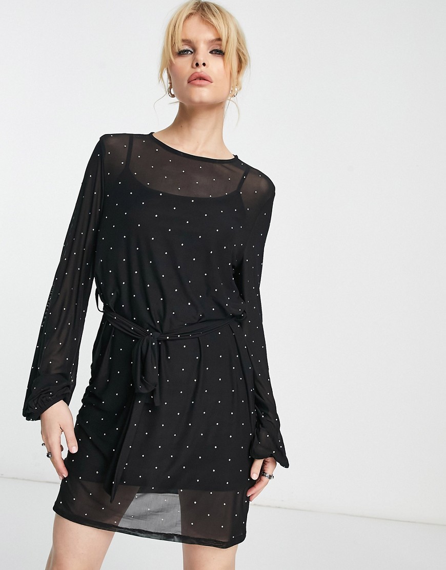 ASOS DESIGN mesh long sleeve mini dress with all over diamante in black
