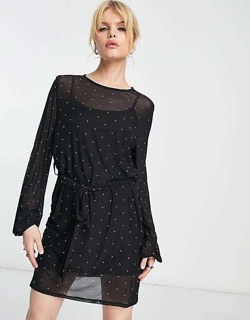 ASOS DESIGN mesh long sleeve mini dress with all over diamante in black ...