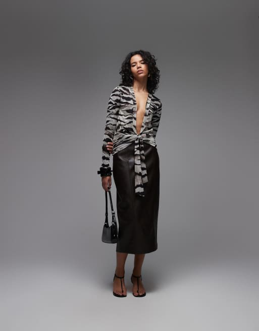 ASOS DESIGN mesh long sleeve plunge top with tie waist in animal print, 3 of 4