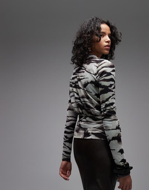 ASOS DESIGN mesh long sleeve plunge top with tie waist in animal print, 4 of 4