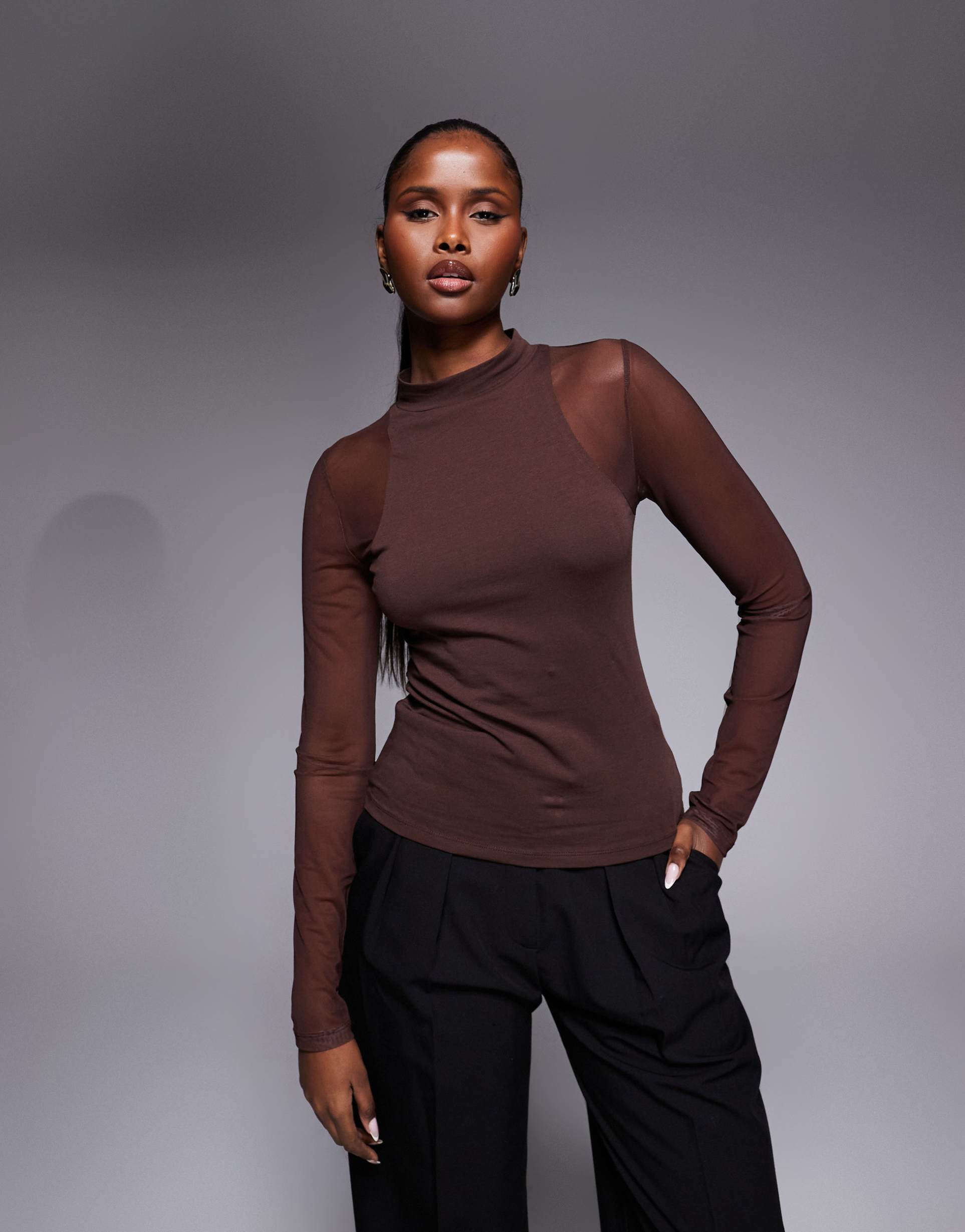 asos design mesh long sleeve racer style top in chocolate