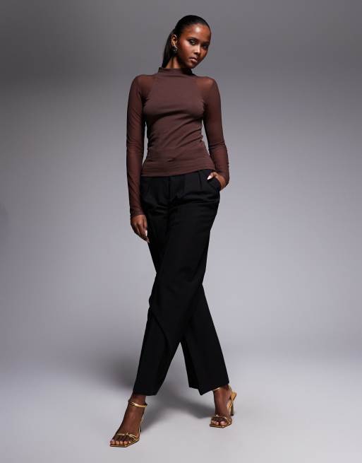 ASOS DESIGN mesh long sleeve racer style top in chocolate, 2 of 4