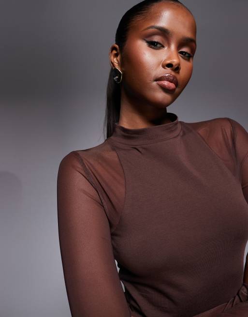 ASOS DESIGN mesh long sleeve racer style top in chocolate, 3 of 4
