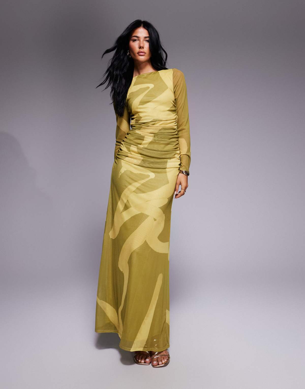 ASOS DESIGN mesh long sleeve ruched maxi dress in abstract print