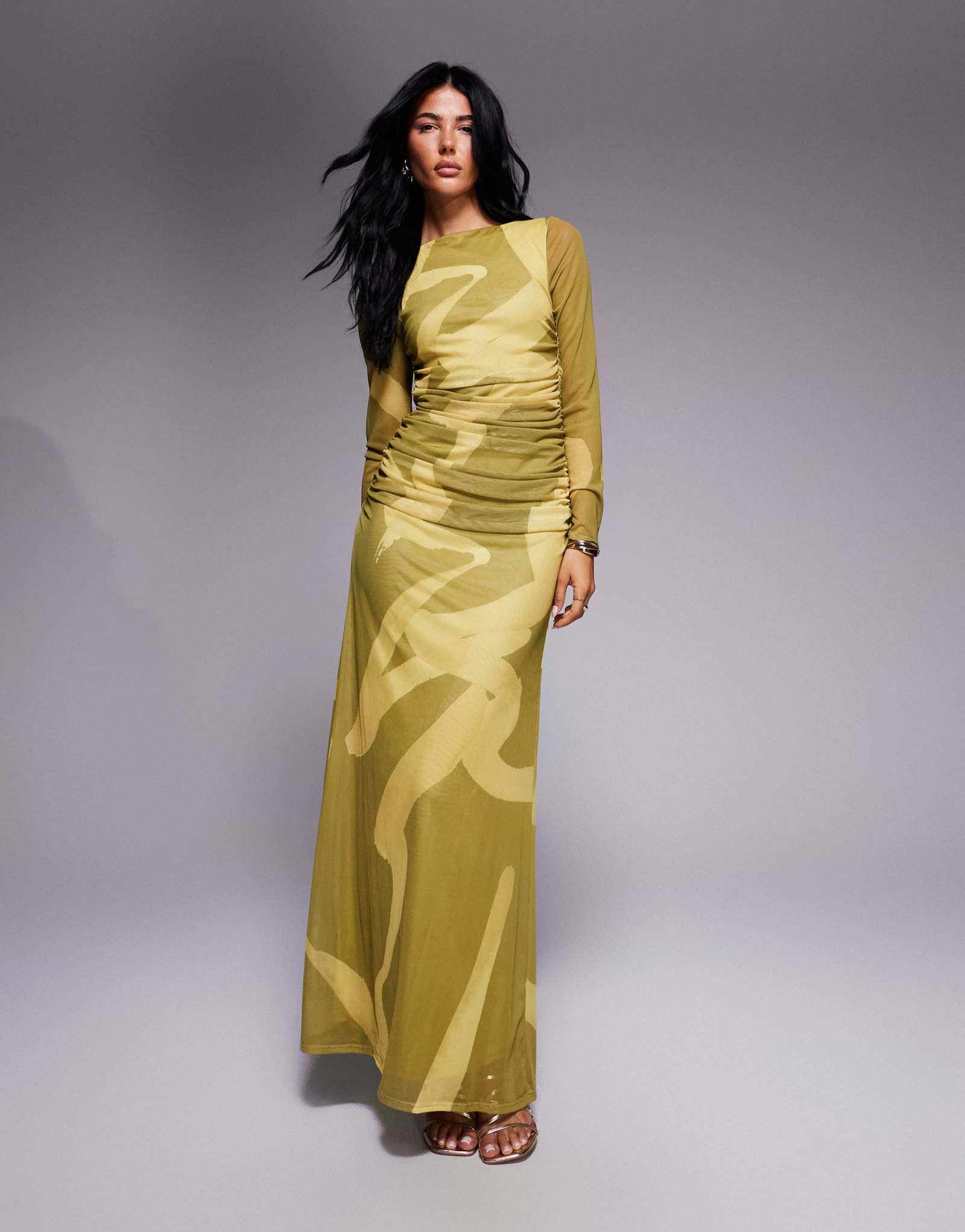 ДИЗАЙНЕРСКОЕ сетчатое платье макси с длинными рукавами и рюшами от ASOS с абстрактным принтом