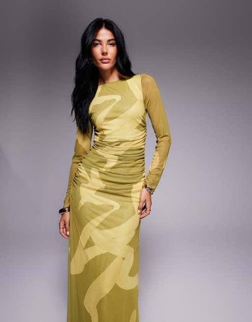 ASOS DESIGN mesh long sleeve ruched maxi dress in abstract print
