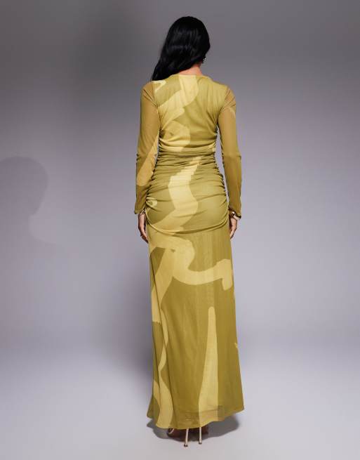 ASOS DESIGN mesh long sleeve ruched maxi dress in abstract print