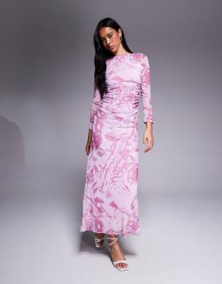 ASOS DESIGN mesh long sleeve ruched maxi dress in lilac print-Multi
