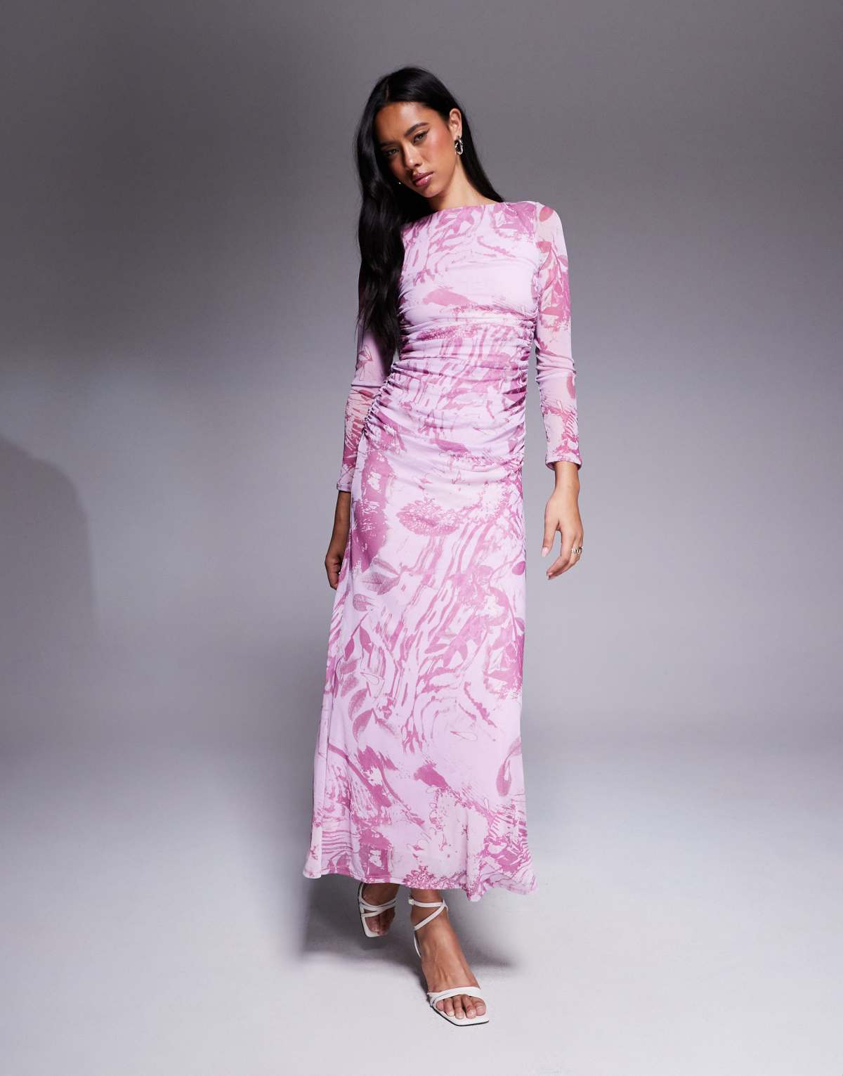 ASOS DESIGN mesh long sleeve ruched maxi dress in lilac print