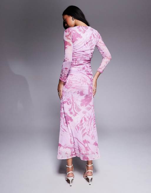 ASOS DESIGN mesh long sleeve ruched maxi dress in lilac print
