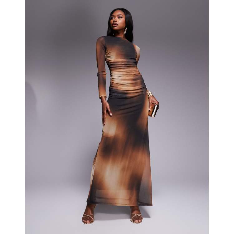 ASOS DESIGN mesh long sleeve ruched maxi dress in tonal ombre print | ASOS