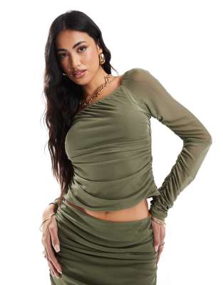 Asos Design Mesh Long Sleeve Ruched One Shoulder Top In Khaki - Part Of A Set-green