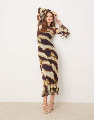 ASOS DESIGN mesh long sleeve ruffle maxi dress with tiered fluted ...