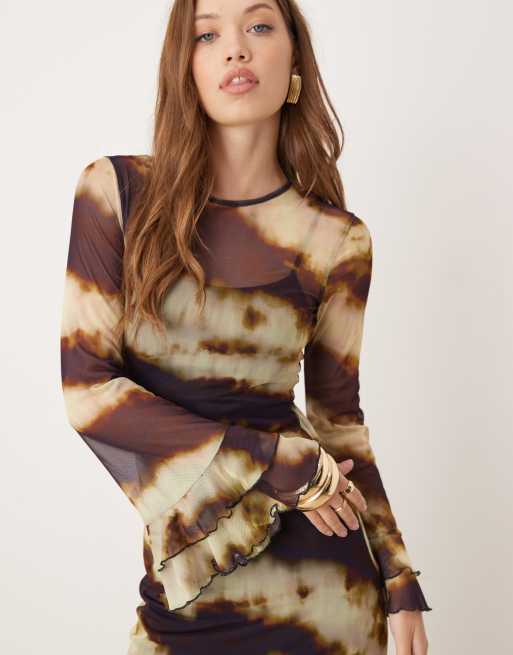 ASOS DESIGN mesh long sleeve ruffle maxi dress with tiered fluted sleeves  in swirl print | ASOS