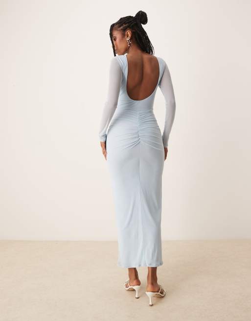 ASOS DESIGN mesh long sleeve slash neck open back maxi dress with sash in baby blue