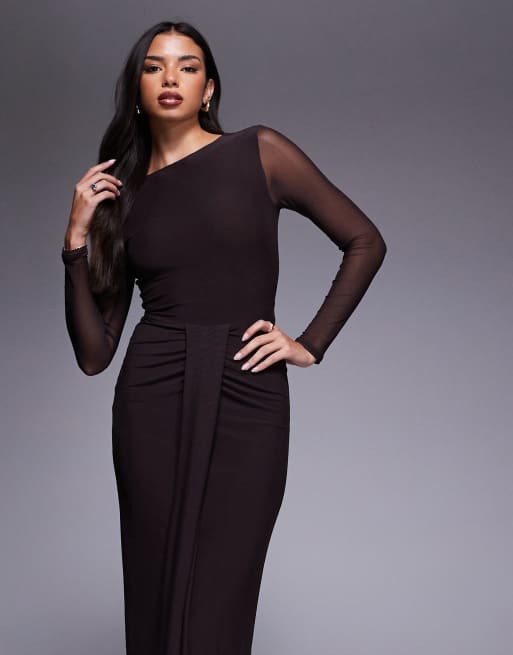 ASOS DESIGN mesh long sleeve slash neck open back maxi dress with sash in chocolate