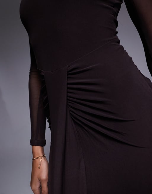 ASOS DESIGN mesh long sleeve slash neck open back maxi dress with sash in chocolate