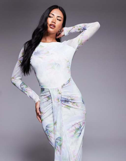 ASOS DESIGN mesh long sleeve slash neck open back maxi dress with sash in floral print