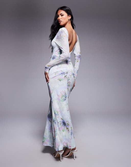 ASOS DESIGN mesh long sleeve slash neck open back maxi dress with sash in floral print
