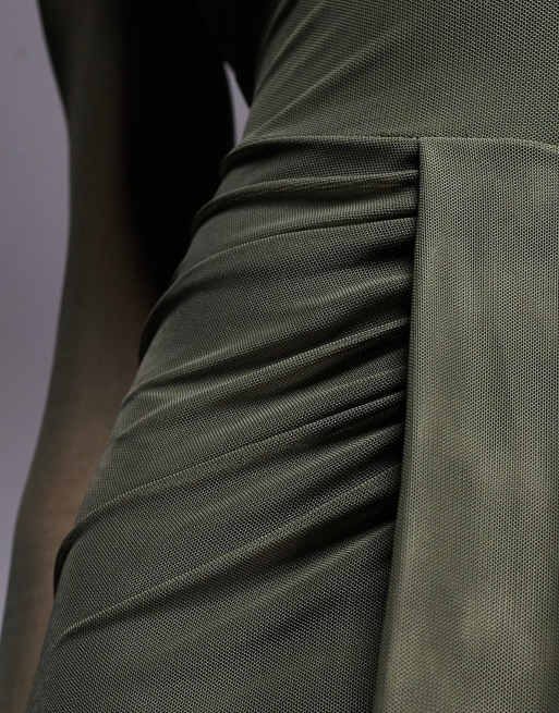 ASOS DESIGN mesh long sleeve slash neck open back maxi dress with sash in olive